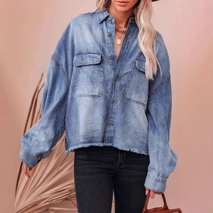 Women's retro oversized washed blue denim shirt with drop shoulder and chest pockets