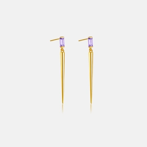 Detail shot of long drop earrings with purple rectangular stone and gold cone pendant