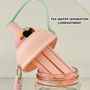 Pink portable water bottle with Patrick Star cartoon lid and tea filter compartment