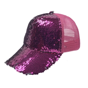 Close-up of purple sequin baseball cap with shiny metallic finish and breathable mesh back