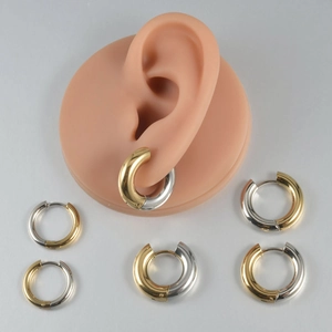 Stainless Steel Two Tone Gold Silver Hoop Earrings Hinged Clicker Minimalist Geometric Punk Jewelry Men Women