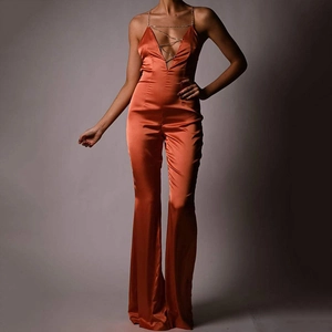 Sexy Women Satin Jumpsuit Deep V Halter Rhinestone Chain Backless High Waist Straight Leg Party Clubwear