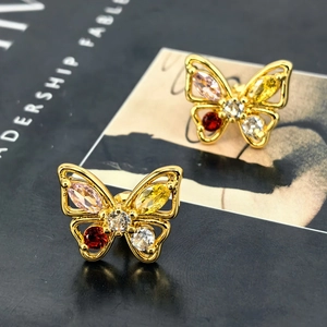 Exquisite butterfly stud earrings with colorful cubic zirconia in gold plating for women