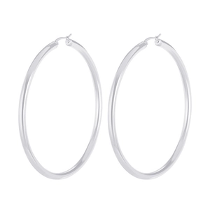 Minimalist large silver geometric hoop earrings with polished metallic finish on white background