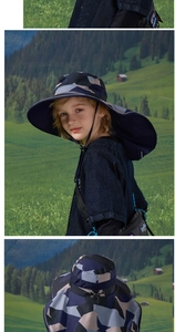 Dettaglio cappello sole bimbi con motivo mimetico, tesa larga e protezione per il collo