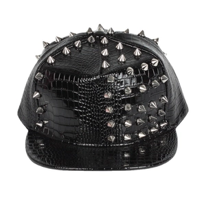 Punk style baseball cap featuring black faux crocodile leather and silver metal cone studs