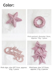 Pink glitter Christmas ornaments set with star topper, wreath, signs, and bows