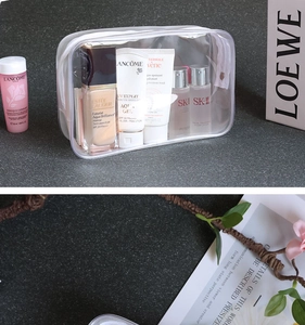 Macro shot of waterproof transparent PVC makeup bag showing large capacity storage space