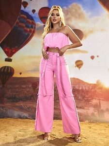 Top Canotta Arricciato Rosa Sexy E Pantaloni Gamba Larga A Vita Alta Vacanze Estive Moda Donna Casual Tinta Unita