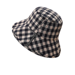Foldable navy and white gingham checkered bucket hat with side ribbon decoration