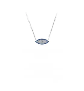 Detail of S925 silver evil eye pendant with blue cat eye stones and sparkling crystals
