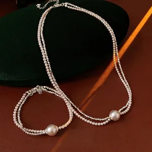 Double Layer Artificial Pearl Necklace And Bracelet For Women With Round Metal Pendant Rhinestone French Vintage Style Jewelry Accessories