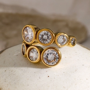 Detailed macro view of 18k gold plated stainless steel ring with zircon stones