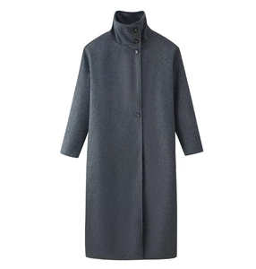 Detail view of the high stand collar and thick wool texture of the grey trench coat