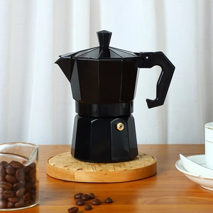Macro shot of the black aluminum moka pot with dual valves on a soft white background