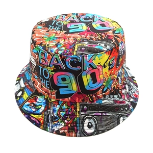 Retro 90s cassette tape graffiti bucket hat with foldable sun protection design