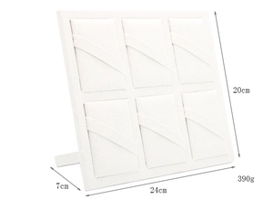 Detail view of beige linen jewelry display stand with 6 slots and dimension labels