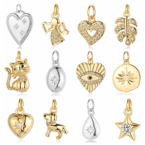 Copper Cubic Zirconia Charms Pendants For DIY Jewelry Making Heart Star Moon Cat Dog Eye Angel Shapes Shiny Accessories