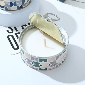 Detail of tin can soy candle with double wicks and geometric patterns, 80g 2.8oz size