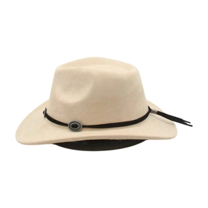 Close-up of beige suede fedora hat featuring a black leather band and silver metal buckles