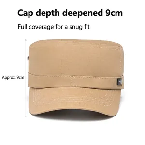 Khaki flat top military cap with 9cm depth for men, durable twill cotton baseball hat