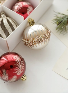 Detail of red and champagne silver Christmas ball ornaments with sequins and beadwork