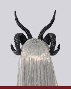 Rear view of black demon ram horns headband with detailed spiral texture for Cosplay
