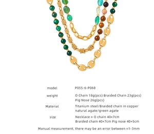 Detail of vintage layered agate bead necklace with copper pig nose chain links