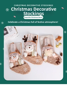 Three-piece champagne gold Christmas stockings set with sequined snowman, elk, and Santa