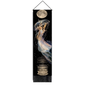 Nordic wall tapestry detail with moon and jellyfish pattern featuring elegant black tassels