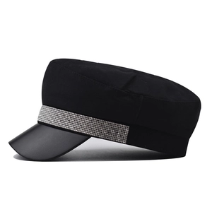 Women's black cotton military hat with sparkling rhinestone band and faux leather visor