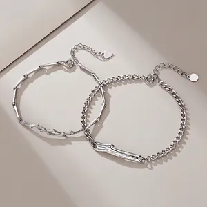 925 Sterling Silver Couple Bracelets Branch Design Rhinestone Inlaid Adjustable Bangle Minimalist Jewelry Valentine's Gift