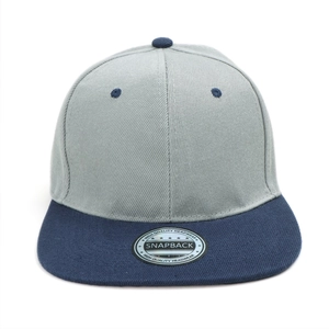 Detail of a snapback cap with grey crown, dark blue brim and silver foil label