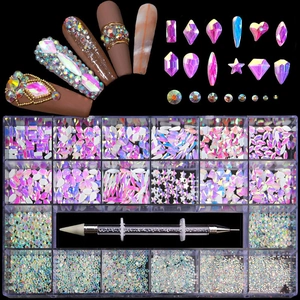 Detailed set of 21-grid iridescent nail art rhinestones with a dual-ended picking pen
