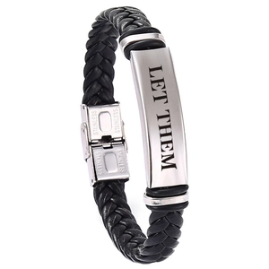 Men's braided leather bracelet with stainless steel plate engraved with Let Them