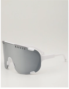 Detail of white cycling sunglasses with silver mirrored lens and streamlined frame