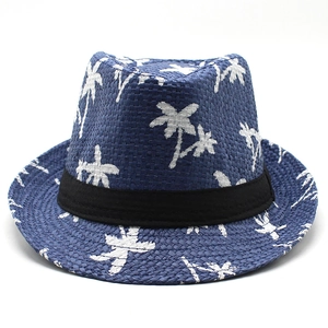 Panama Fedora straw hat with white coconut tree prints and black decorative band