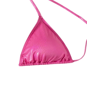 Metallic pink triangle bikini top with glossy finish and tie-neck halter straps