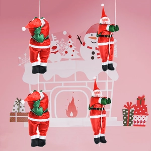 Detailed view of four Santa Claus hanging plush figures on ropes for Christmas decor