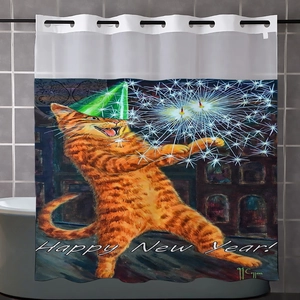 Detail of waffle weave shower curtain featuring festive cat pattern and sturdy top grommets