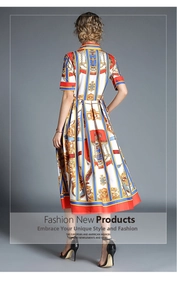 Rear view of vintage baroque print maxi dress showing tailored waist and full skirt detail