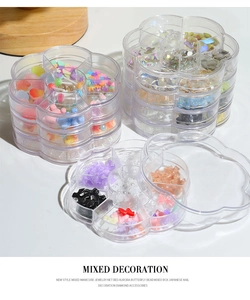 Three-layer flower-shaped storage box with mixed aurora bow and bear nail art charms