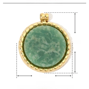 Macro detail of natural green stone pendant with dimensions 17mm x 15mm in gold steel