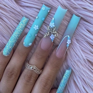 Extra Long Press On Nails Blue Matte Gradient 3D Butterfly Flower Rhinestone Artificial Pearl Square Coffin Shape For Women