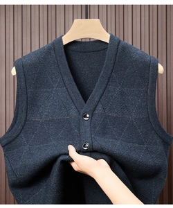 Detail showing the elastic navy knit fabric and button closure of the men's V-neck vest