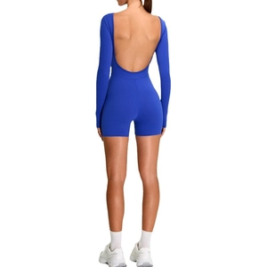 Royal blue long sleeve open back yoga romper for women with slim fit athletic design