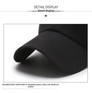 Detail shot of black baseball cap showing sturdy brim and reinforced stitching quality