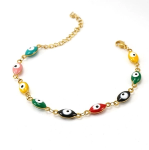 Macro shot of 18K gold-plated lobster clasp and colorful evil eye enamel charms on the chain