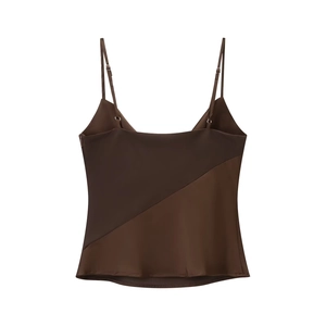 Women's silk satin patchwork camisole top with v-neck and adjustable straps in brown tones