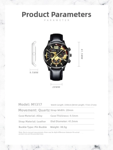 Detailed specification chart showing quartz movement and leather strap dimensions of men's watch
